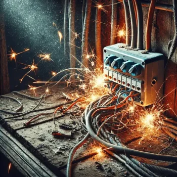 DALL·E 2024-10-08 12.57.26 - A detailed image of a dangerous electrical situation showing old, frayed electrical wiring with visible sparks and a short circuit. The setting is dim (1)