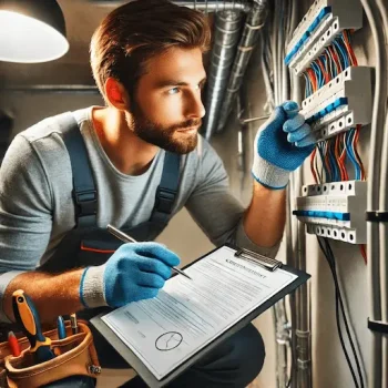 DALL·E 2024-10-08 12.57.34 - A focused image of a professional electrician certifying a new and safe electrical installation. The electrician is wearing protective gloves, using p (1)